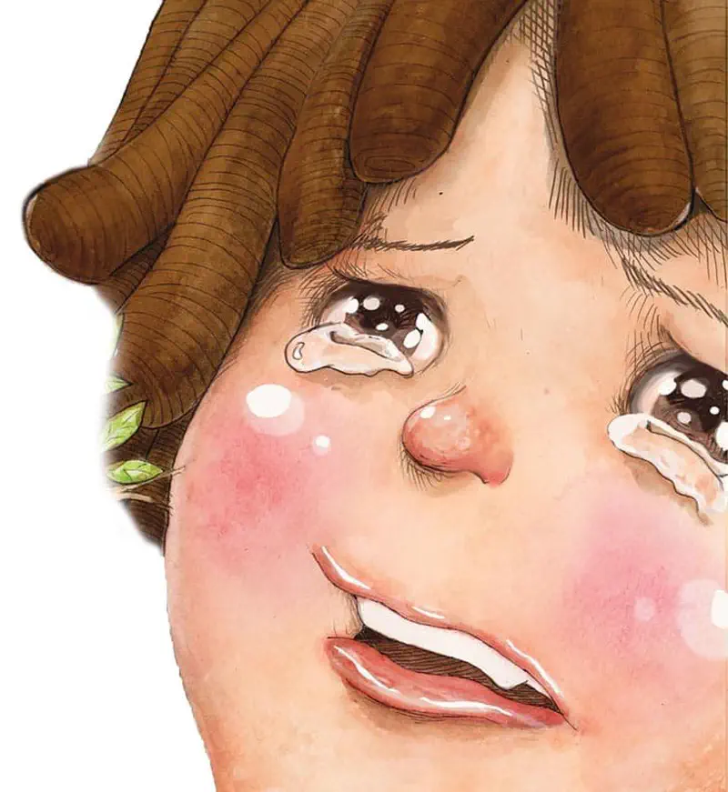 Close-up of a giant's face with tears streaming down rosy cheeks, looking sad with curly brown hair and leaves.
