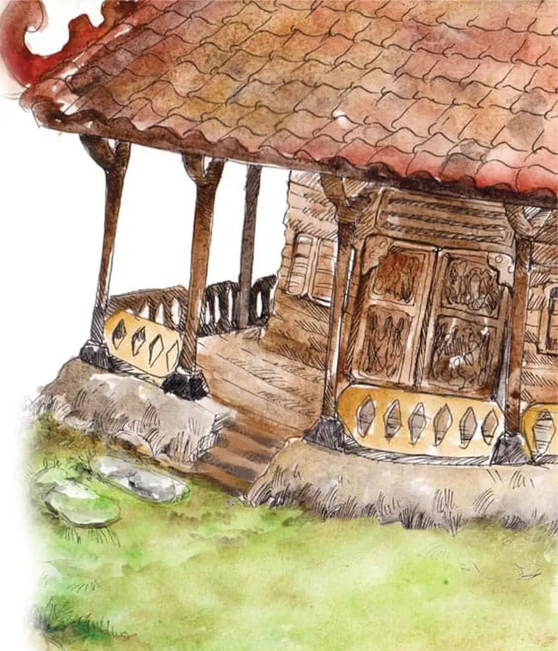 A traditional wooden house with ornate carvings raised on stilts, featuring a terracotta tiled roof and green grass yard.