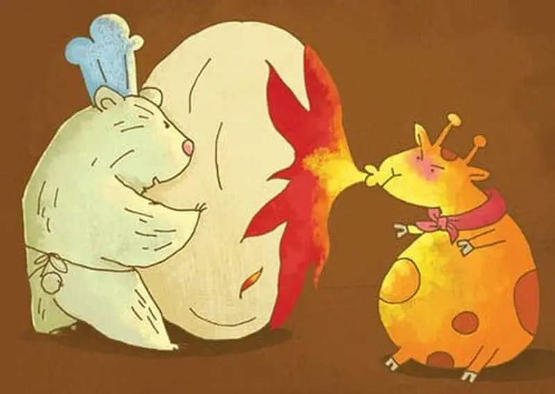 Bear squeezes giraffe's round tummy and flames shoot from giraffe's mouth to bake bread, using the sun's heat inside.