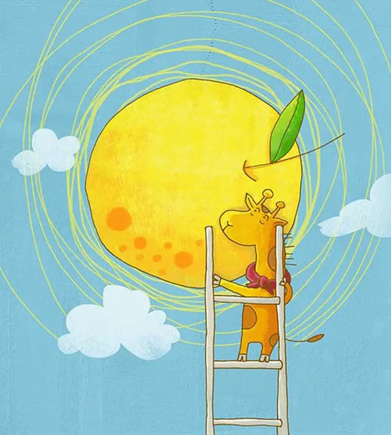 Baby giraffe at the top of a ladder takes a big bite out of the sun which looks like a giant orange with a leaf.