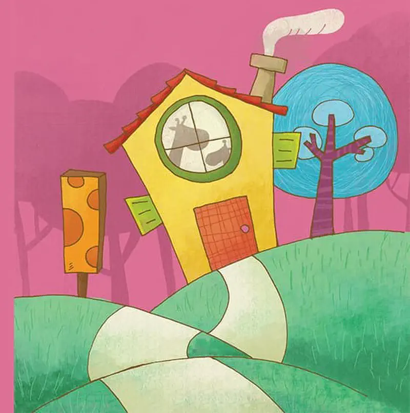 A small yellow house on a green hill with a giraffe silhouette visible in the round window, a blue tree and pink sky in the background.