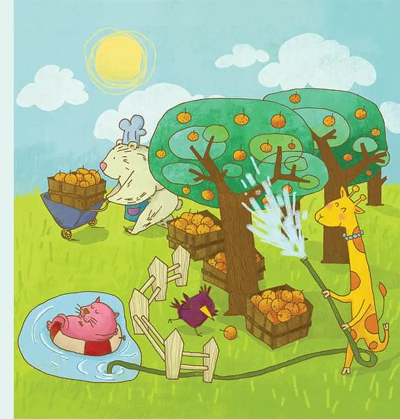 A busy farm scene with animals working under the hot sun - a sheep pushing a wheelbarrow, baby giraffe watering trees, and a pig relaxing in a pool.