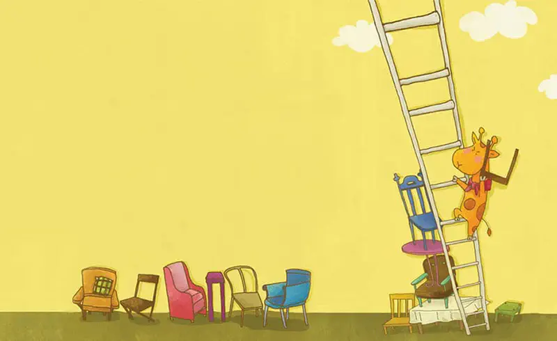 Baby giraffe climbs a very tall ladder made of stacked chairs reaching up into the yellow sky with white clouds.