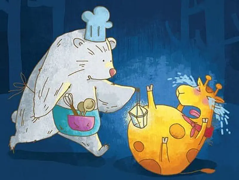 Bear in a chef hat holds a mixing bowl while giraffe lies on the ground in the dark night, sweating from eating the sun.