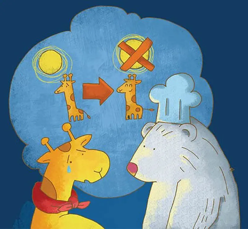 Giraffe crying tells bear what happened as a thought bubble shows giraffe eating the sun with a red X over it.