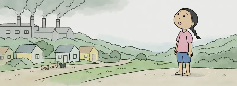 In the lower-right portion of the image, Panha stands gazing upward at the hazy, smog-filled sky with a curious, contemplative expression. She is positioned on a dirt road at the edge of a small suburban American neighborhood nestled among green, tree-covered hills, with a large factory billowing smoke from its chimneys visible in the background on the left. The sky is thick with gray-green smog that hangs heavily over the rooftops. A couple of small dogs are visible on the road near the houses in the lower-left area.