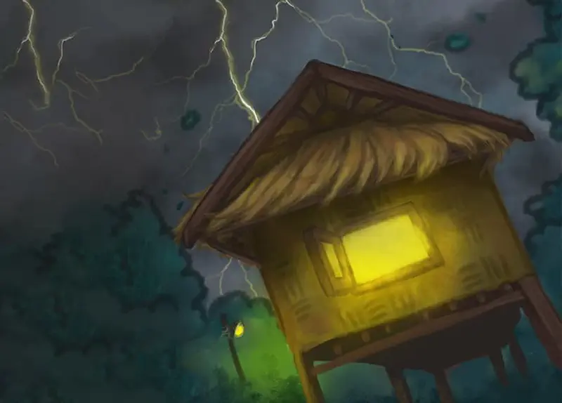 A stilt house with thatched roof glows yellow inside during a dark stormy night with lightning in the sky.