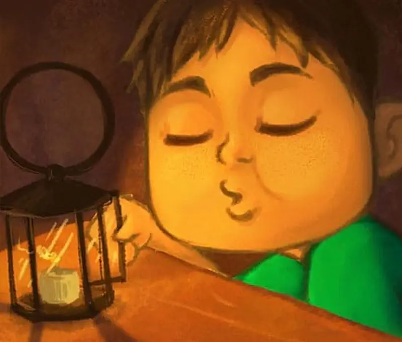 A boy in green sleeps peacefully next to a glowing lantern, his face illuminated by the warm candlelight.