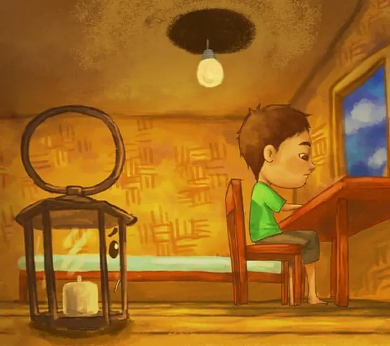 A boy sits at a desk looking out the window while a sad lantern with a face sits unused under a light bulb.