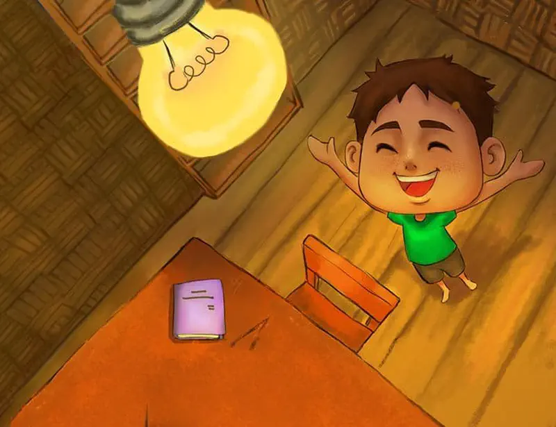 A happy boy in green jumps joyfully in a wooden room lit by a bright electric light bulb hanging from above.