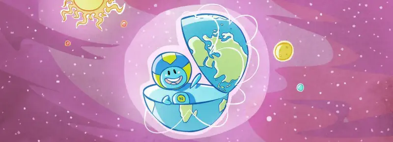 A happy blue robot mascot sits inside an open globe in pink outer space with the sun and planets around.