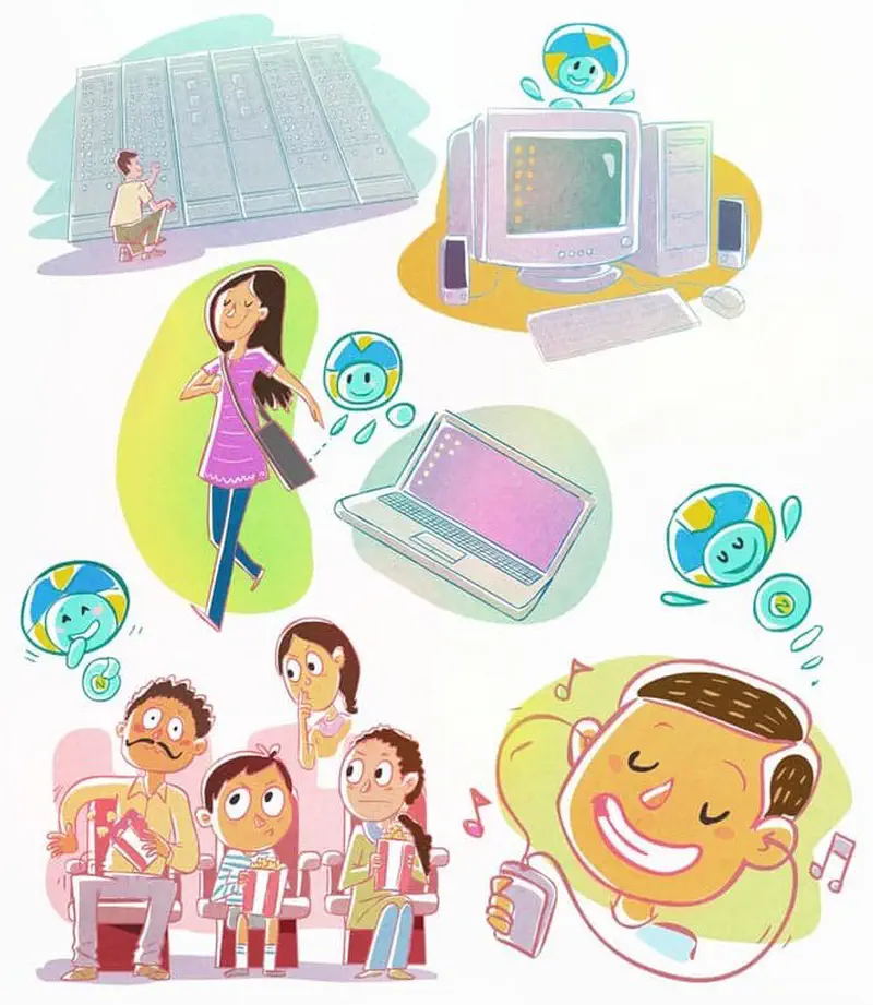 Collage showing evolution of computers - old mainframes, desktop computer, woman with laptop, family at movies, and boy with headphones.