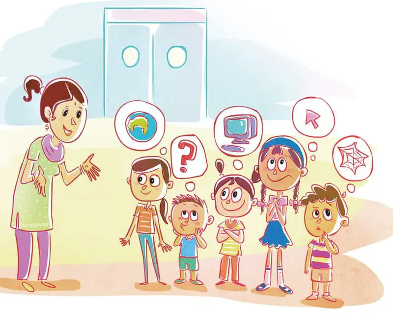 A teacher talks to students who have thought bubbles showing internet concepts - globe, question mark, computer, cursor, and web.