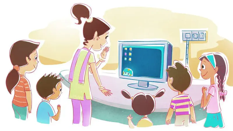 A teacher shows children a computer monitor with a robot mascot on screen in a classroom setting.