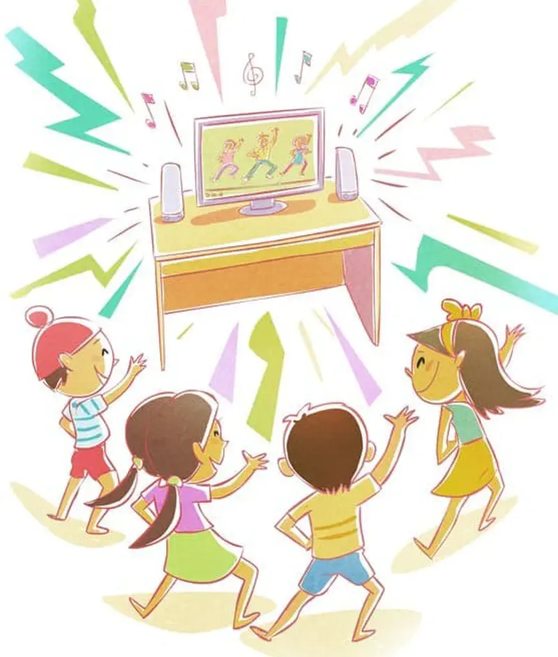 Four children dance happily in front of a computer monitor showing dancing figures, with colorful lightning bolts and music notes.
