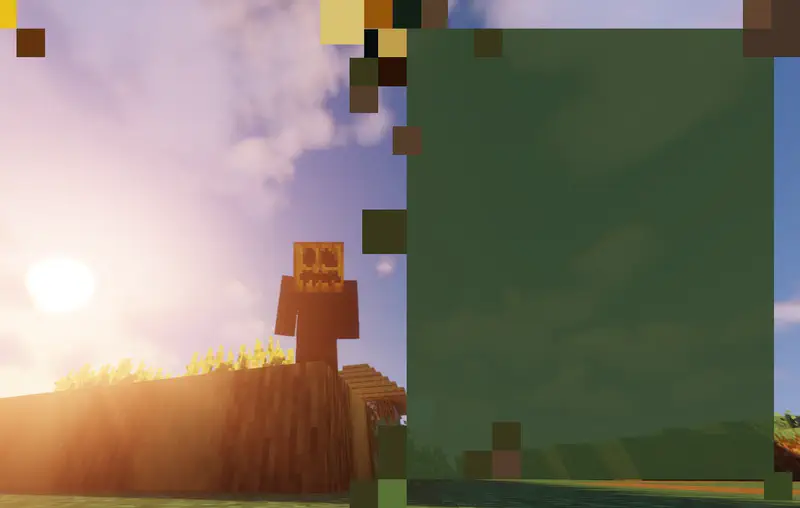 Jack with a pumpkin head stands on haybales at sunset looking up at the sky in a Minecraft landscape.