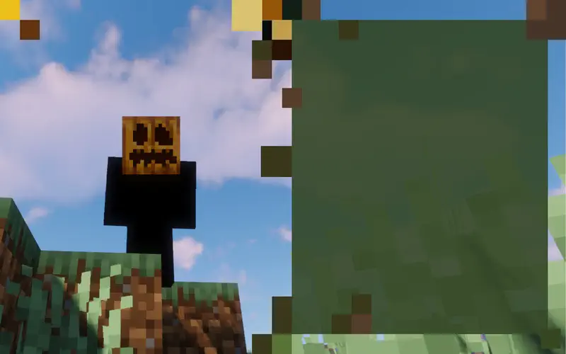 Jack with pumpkin head sighs looking at the stubborn iron golem standing still on grass in Minecraft.