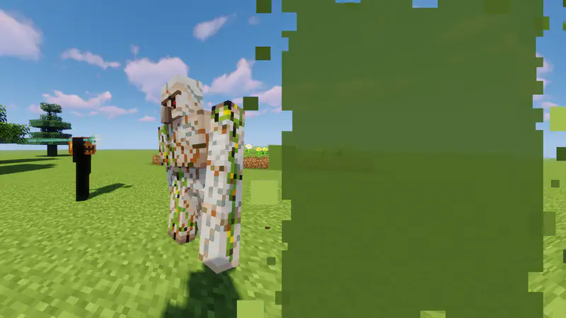 Jack hits the iron golem's foot to make it angry, with a pumpkin-headed figure watching nearby in a grassy Minecraft field.