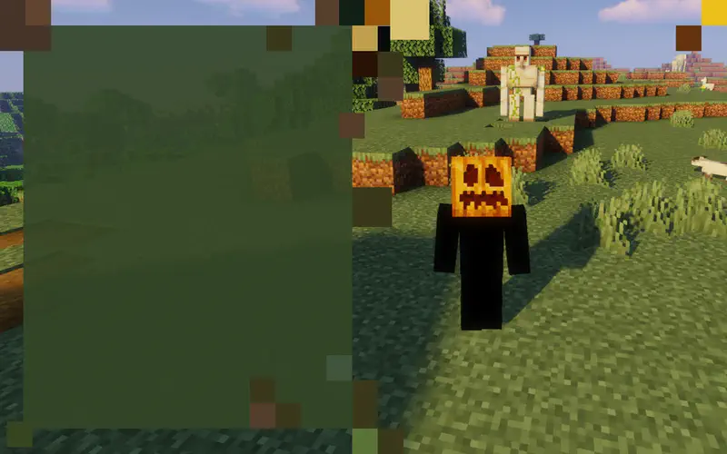 Jack runs away as the angry iron golem chases him toward a village with pumpkin fields in the Minecraft world.