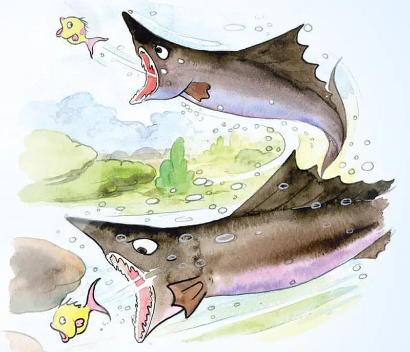 Two large sharks with open mouths chase the little yellow fish through the deep ocean waters in a dramatic pursuit.