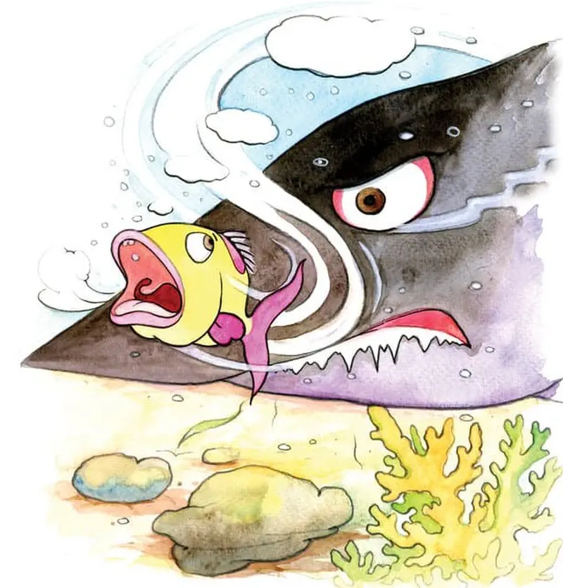 A terrified little yellow fish narrowly escapes a giant dark fish with sharp teeth and a menacing red eye near the ocean floor.