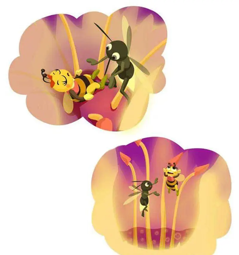 Two panels showing a happy little bee and a firefly inside a purple flower, first resting together then flying among the stamens.