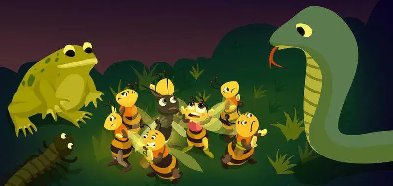 A group of worried bees huddle together at night while a frog and snake watch them in the dark forest.
