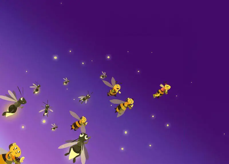 Happy bees and glowing fireflies fly together through a purple twilight sky filled with sparkling lights.