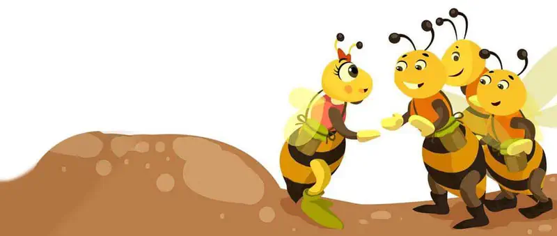 The little bee with a red bow meets three friendly worker bees near a brown hill, all carrying honey pots.
