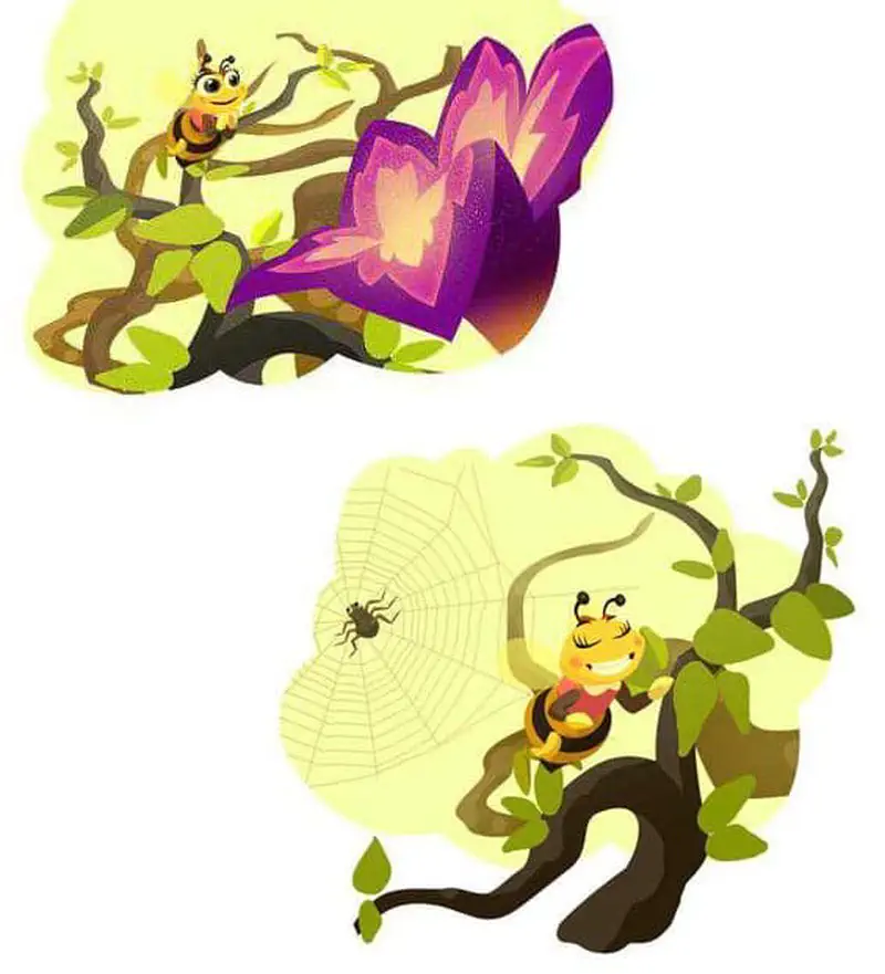 Two panels showing a bee exploring tree branches with a purple flower, and then resting on a branch near a spider web.