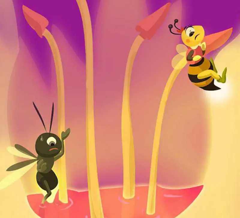Inside a glowing purple flower, the little bee and a firefly friend explore among tall yellow stamens.