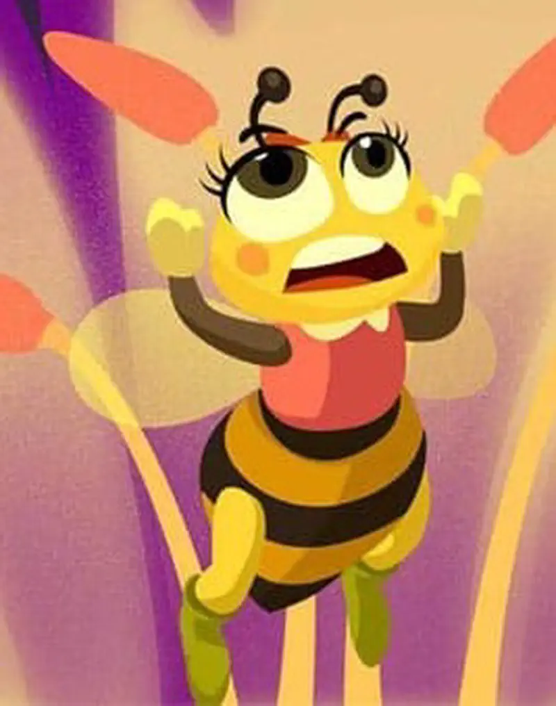 A frightened little bee with a red bow looks scared and worried inside a purple flower, arms raised in alarm.