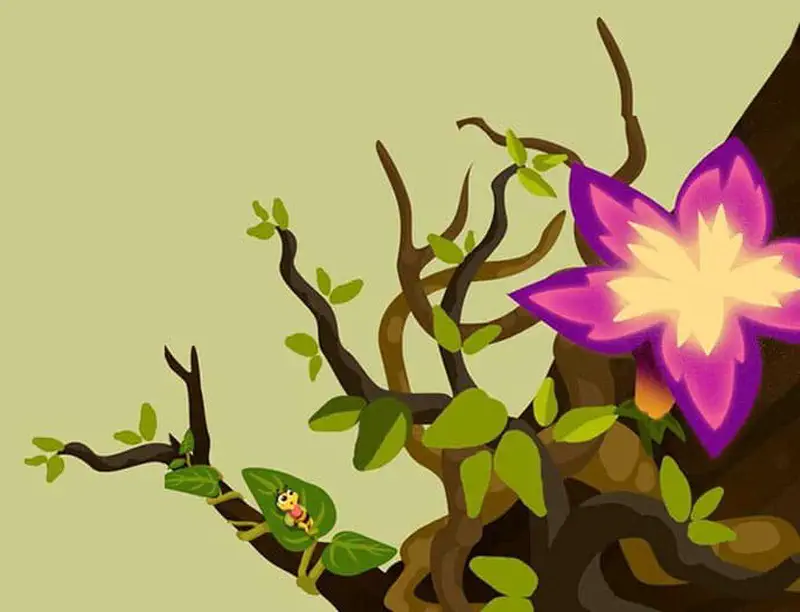 A tiny bee rests on a leaf of a tree branch with twisting vines and a beautiful glowing purple flower nearby.