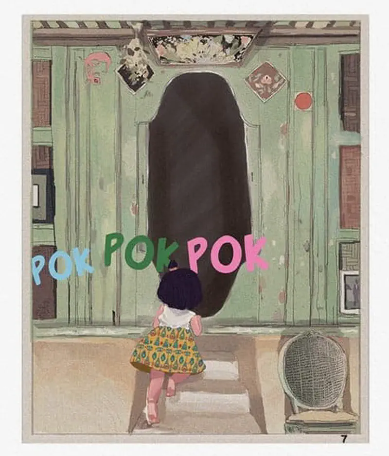 A young girl in a yellow skirt climbs steps toward a dark doorway of a traditional green wooden house with pok pok sounds.