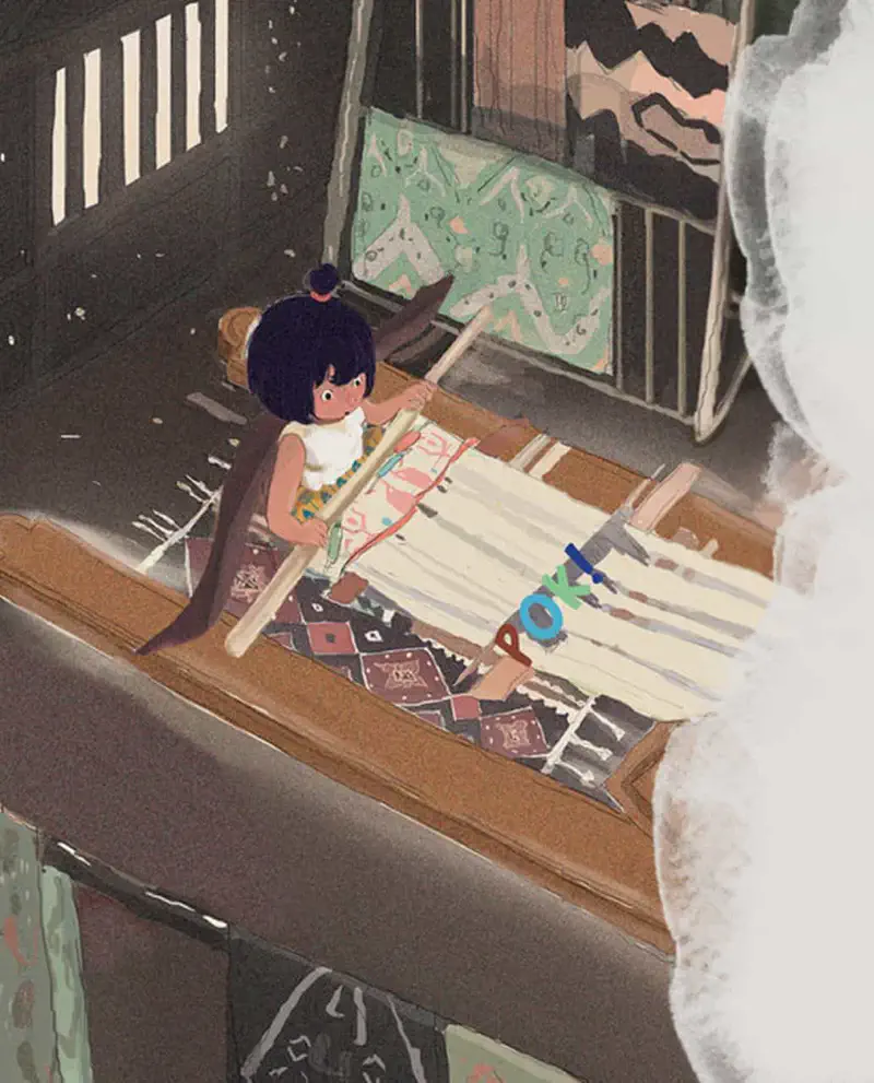 A young girl learns to weave on a traditional loom in a rustic room with patterned textiles hanging on the walls.