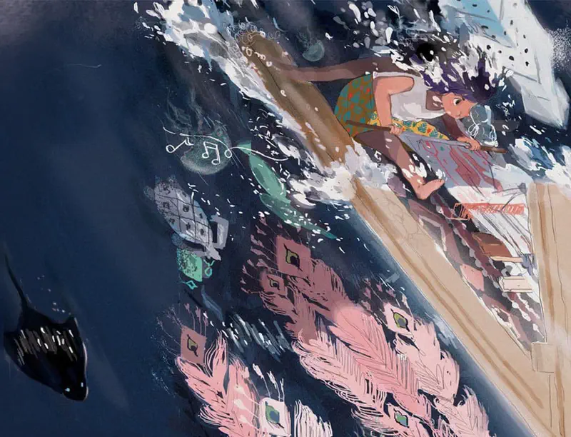 A girl rides a flying loom through crashing ocean waves with magical pink woven fabric streaming behind her and music notes floating.