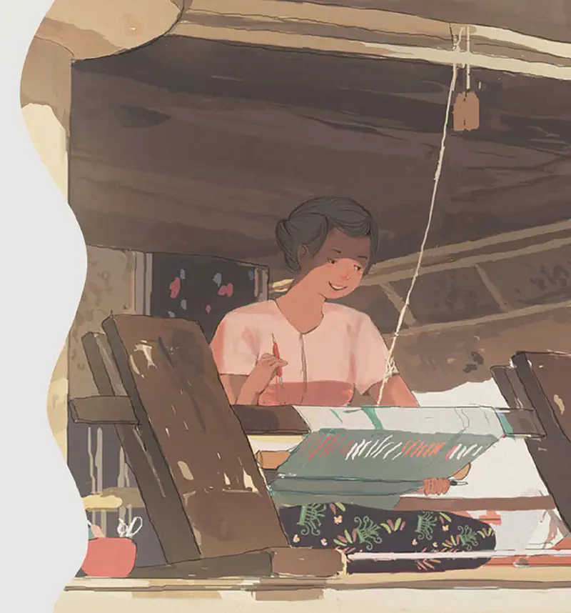 A grandmother smiles warmly while weaving colorful fabric on a traditional wooden loom inside a cozy room.