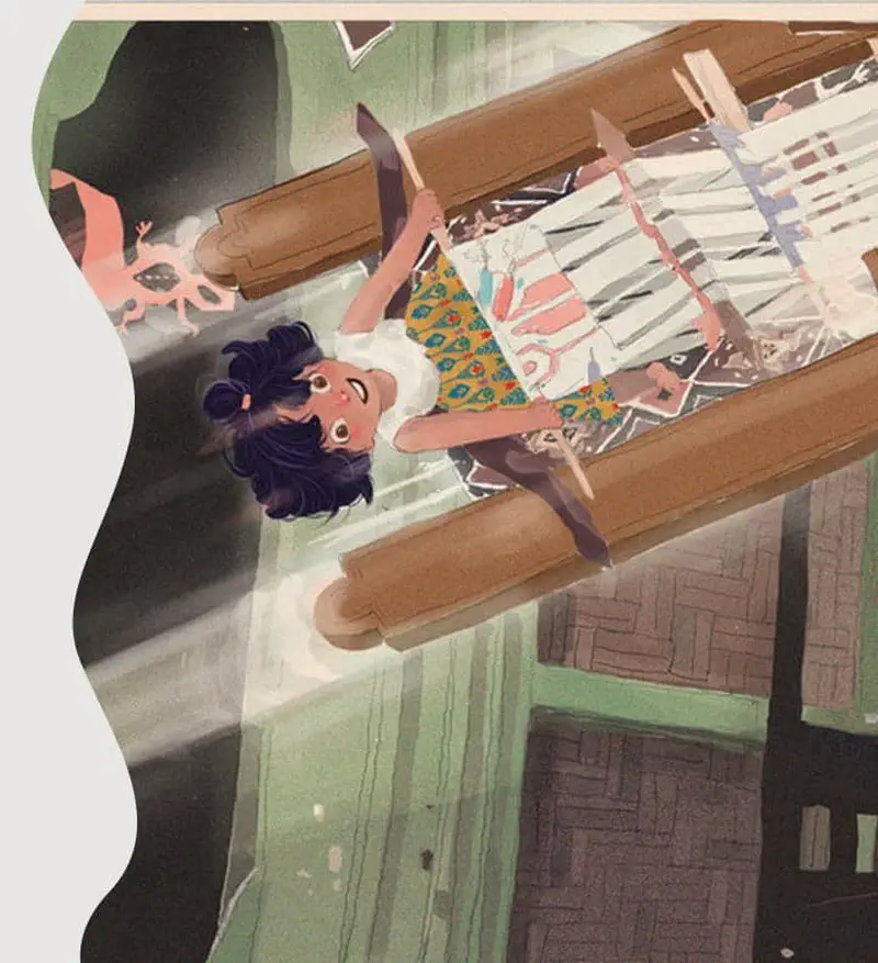 A surprised girl holds on as the magic loom flies sideways through a misty green room with a small pink creature nearby.