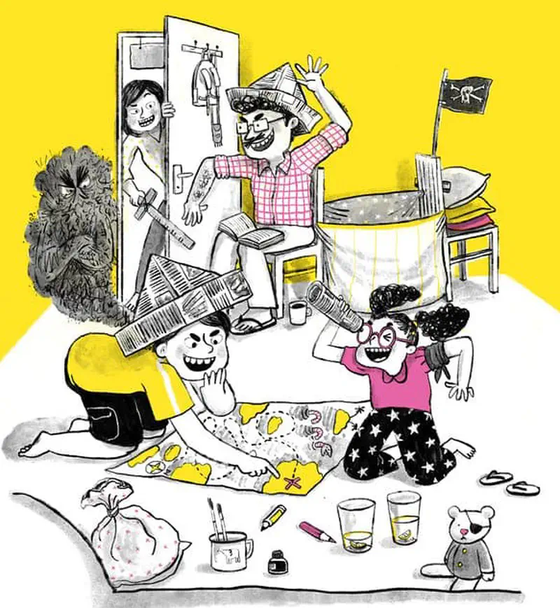 Children play dress-up in a bedroom while a dark monster lurks by the door and a girl with pink glasses looks startled.