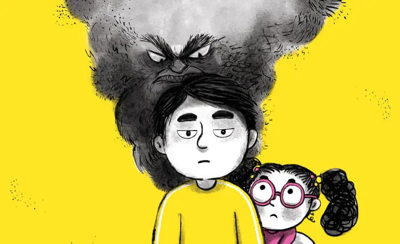 A sad boy stands with a dark angry monster cloud above his head while a worried girl with pink glasses looks at him.