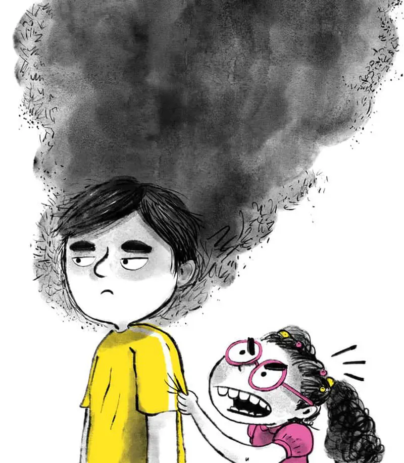 A gloomy boy in yellow with a dark cloud above him while an angry girl with pink glasses yells and tugs his sleeve.