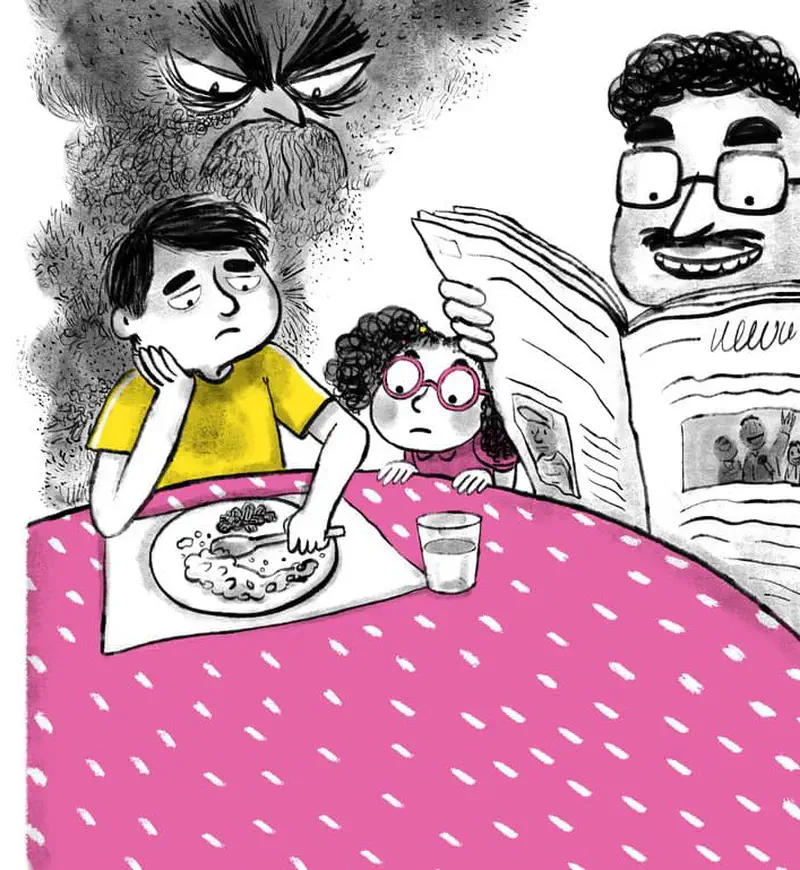 A sad boy sits at dinner with the monster cloud above him while his sister and father at the pink tablecloth look concerned.