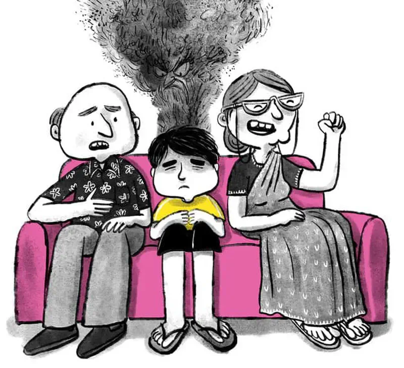 A sad boy sits between worried grandparents on a pink couch with a dark monster cloud rising from his head.
