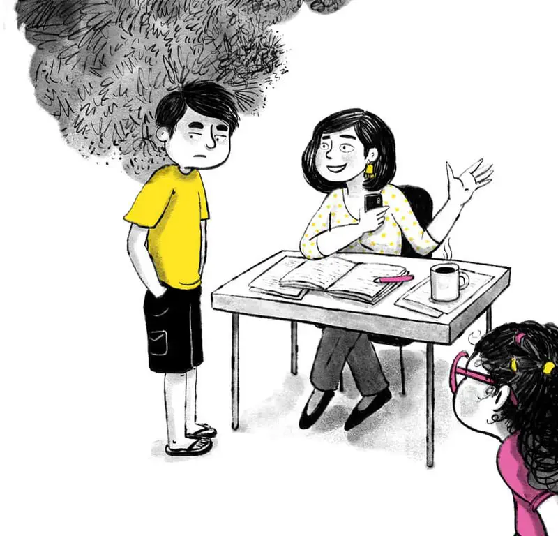 A boy with a dark cloud stands before a friendly woman at a desk with books while his sister in pink watches from the side.