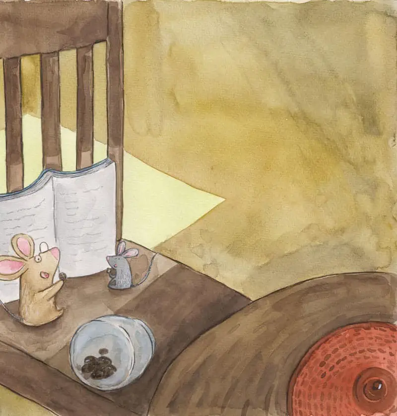 A brown mouse reads a book to a small gray mouse friend at a table near a wooden chair with a jar nearby.