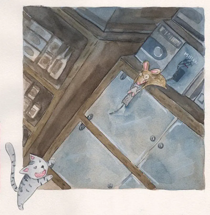 A mouse clutches a book while dangling from a high kitchen shelf as a grinning cat waits below looking up.