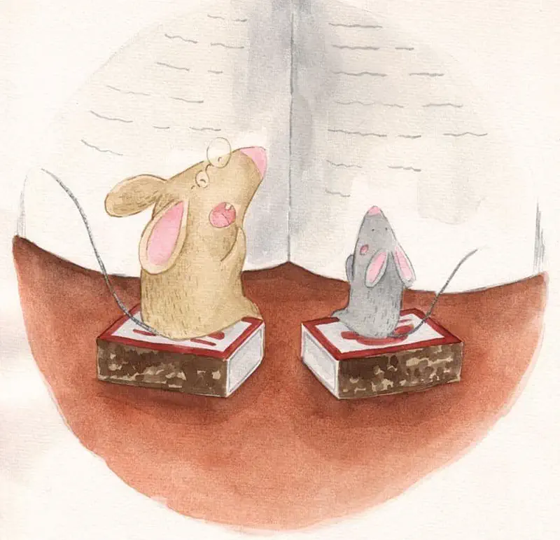 Two mice sit on mousetraps reading an open book together in a cozy corner with the book pages spread before them.