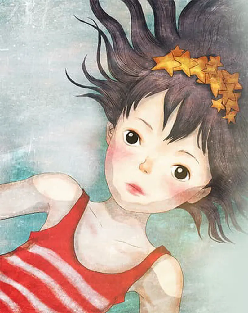 Close-up of a girl with dark flowing hair and starfish decorations, wearing a red striped swimsuit, looking curious underwater.