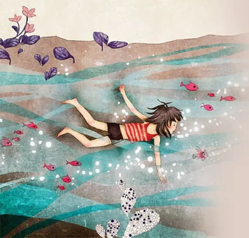 A girl in a striped swimsuit swims horizontally through turquoise water with pink fish swimming around her near the shore.