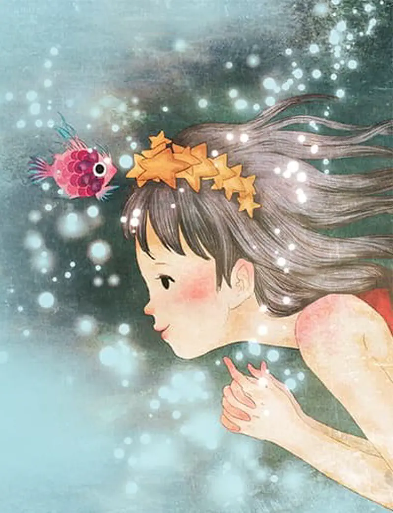 A girl with starfish in her hair swims underwater, looking at a small pink fish amid sparkling bubbles.